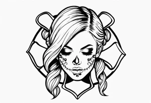 feminine skull and cross bones with hair in two blonde pigtails tattoo idea