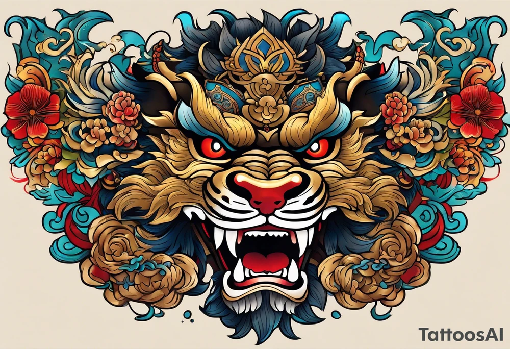 Double chest piece, done in Neo Japanese style of Okinawa shisa. On one side is the male with his mouth open, and the other side, the female with her mouth closed. tattoo idea