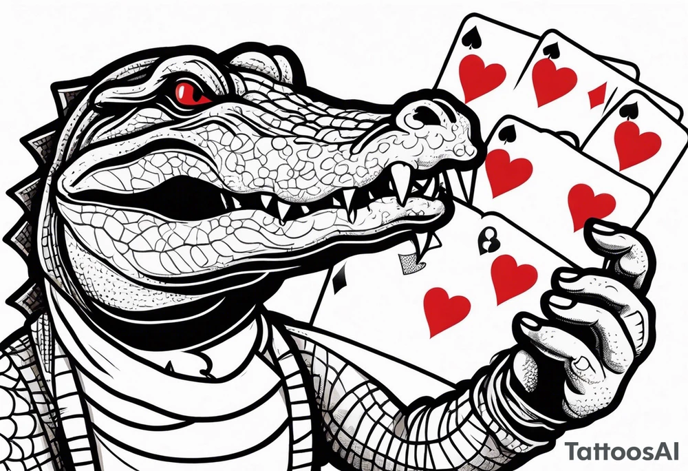 Alligator biting hand with a poker card that has 2 of spades in it tattoo idea