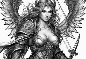 Angel with long sword atop a demon slain tattoo idea