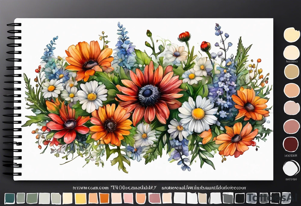 an oval of wildflowers cascading with thistles, ferns, white anemones, sun flowers, red flowers, black flowers, buttercups, orange flowers, babys breath and daisies all in watercolor tattoo idea
