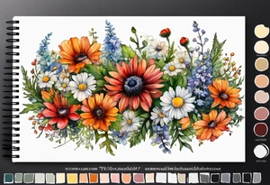 an oval of wildflowers cascading with thistles, ferns, white anemones, sun flowers, red flowers, black flowers, buttercups, orange flowers, babys breath and daisies all in watercolor tattoo idea