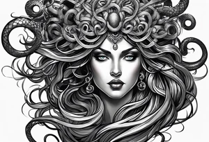 Medusa head with a mysterious expression, capturing both her allure and danger. Blend dream-like qualities with the striking figure of Medusa. tattoo idea