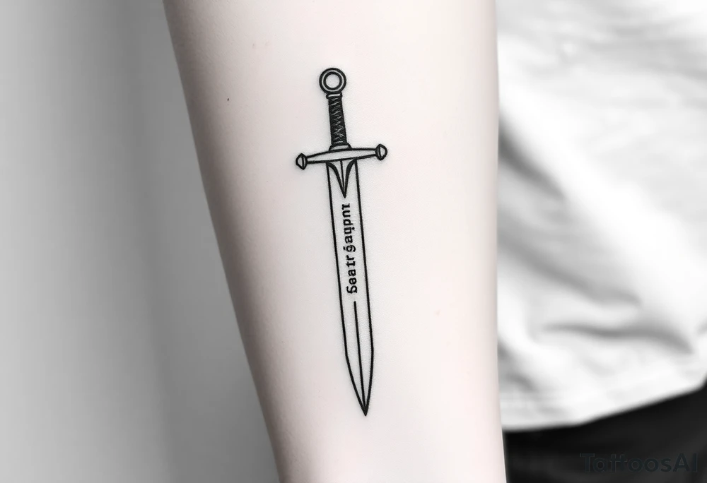 Minimalist black ink tattoo sketch of a vertical medieval sword with the phrase “Iron Sharpens Iron” engraved along the blade. Clean lines, no shading, forearm tattoo design. tattoo idea