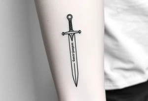 Minimalist black ink tattoo sketch of a vertical medieval sword with the phrase “Iron Sharpens Iron” engraved along the blade. Clean lines, no shading, forearm tattoo design. tattoo idea