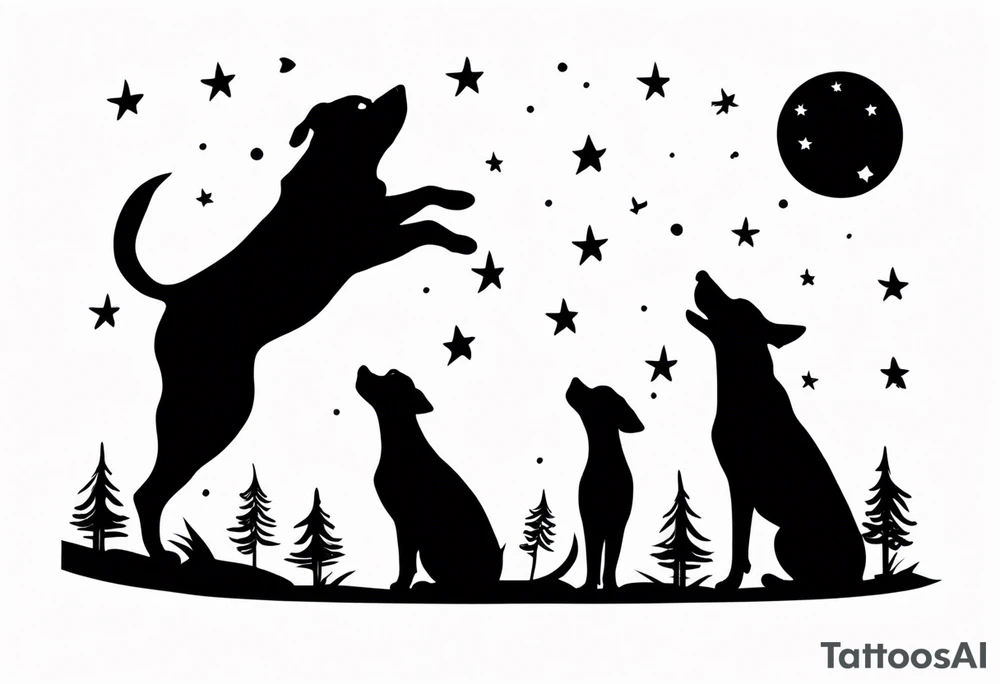3 black silhouettes of dogs looking up at the night sky tattoo idea