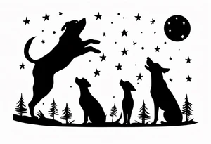 3 black silhouettes of dogs looking up at the night sky tattoo idea