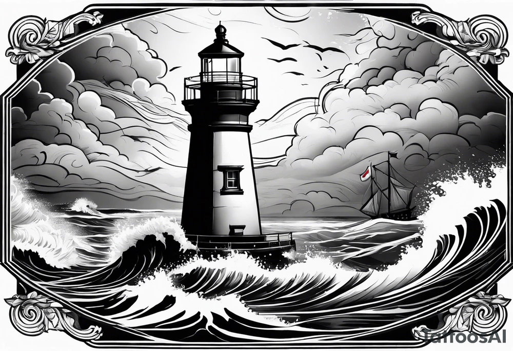 Lighthouse with waves and ship infront tattoo idea