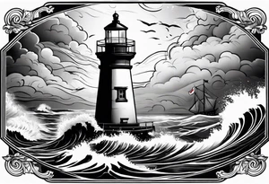 Lighthouse with waves and ship infront tattoo idea