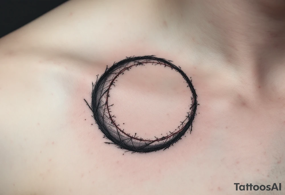 A faint gray circle with a red thread looping around its perimeter, symbolizing destiny. tattoo idea