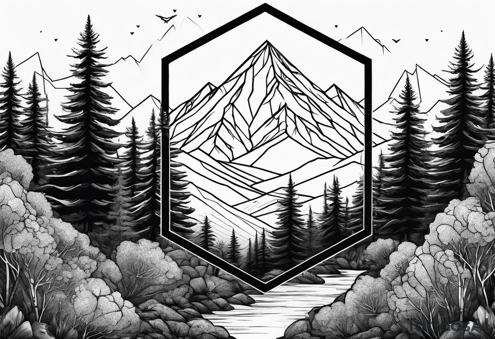 hexagon with mountain with trees tattoo idea