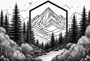 hexagon with mountain with trees tattoo idea