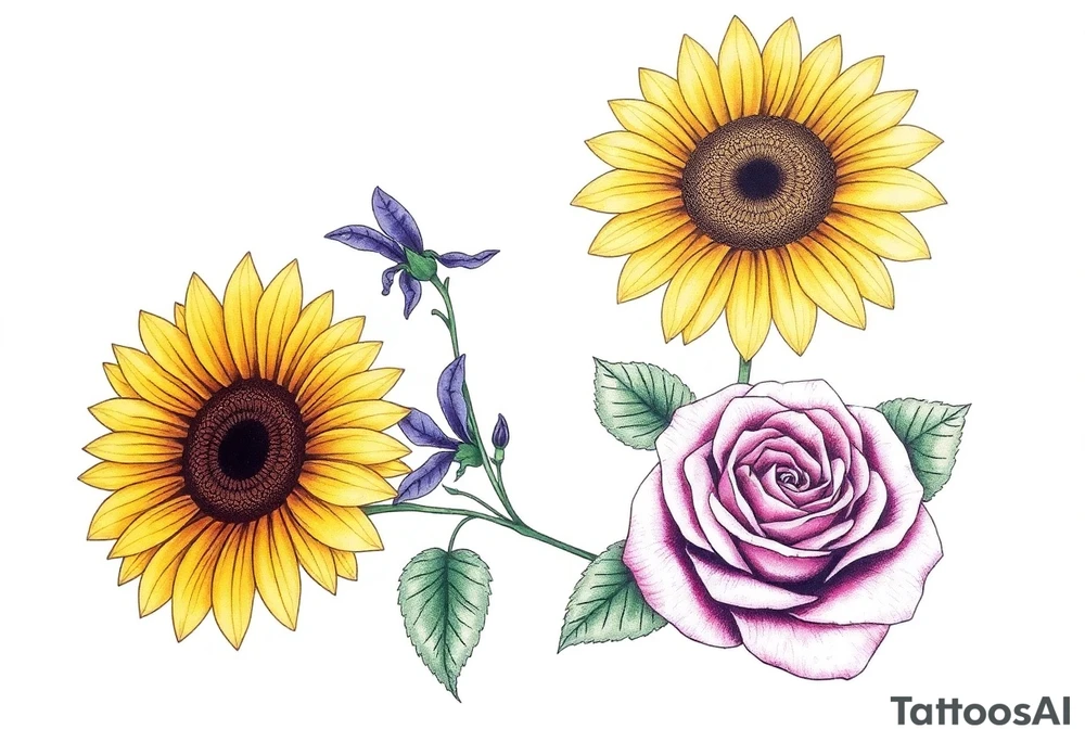 Sunflower, Violet and a Rose flowers tattoo idea