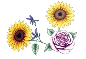Sunflower, Violet and a Rose flowers tattoo idea