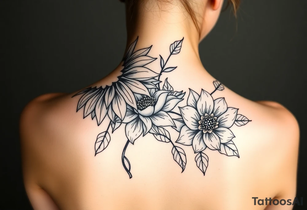 Sunflower, peony, cherry blossom, lotus, Delilah’s floral tattoo idea