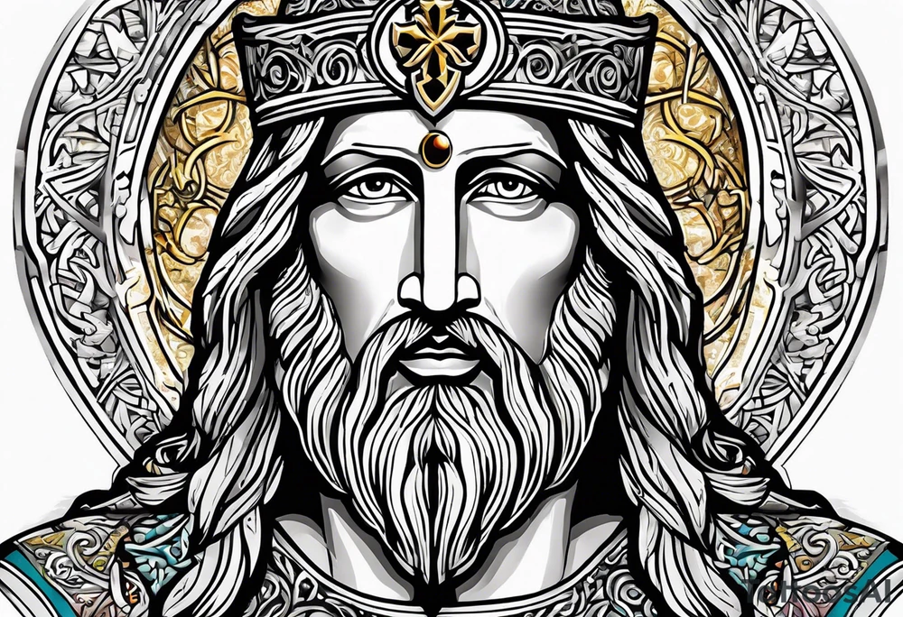 haloed head of a flat stern Byzantine Christ with all-demanding eyes tattoo idea