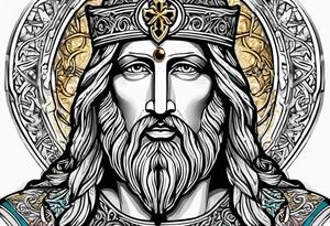 haloed head of a flat stern Byzantine Christ with all-demanding eyes tattoo idea