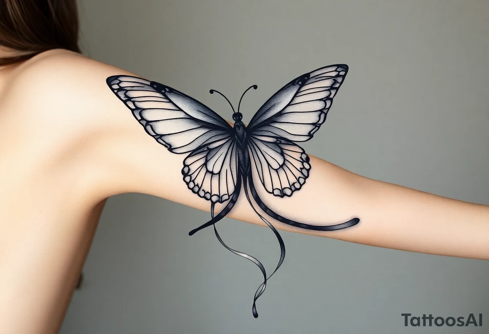 ethereal butterfly with flowing silk ribbons in moonlight tattoo idea