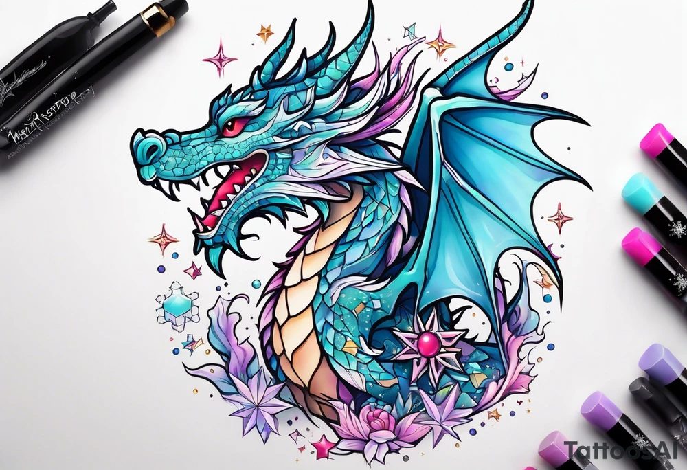 Constellation, kawaii dragon,snowflake tattoo idea