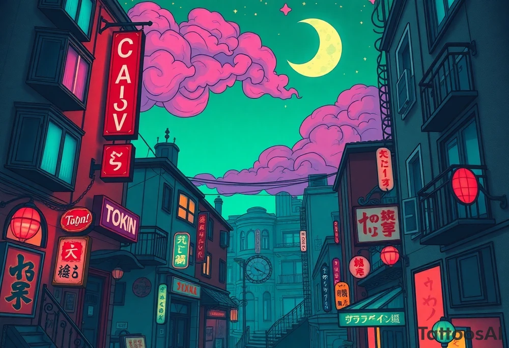 Tim Burton’s haunted pastel Tokyo apartment from the street view is littered in neon signs and dripping with muted reds, dusty pinks, and eerie green glow.purple and cyan smokey clouds swirl in the crescent moonlit sky thats sprinkled with stars tattoo idea tattoo idea