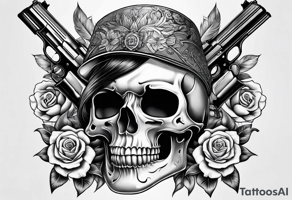 Chicano girl , skull , gun tattoo idea