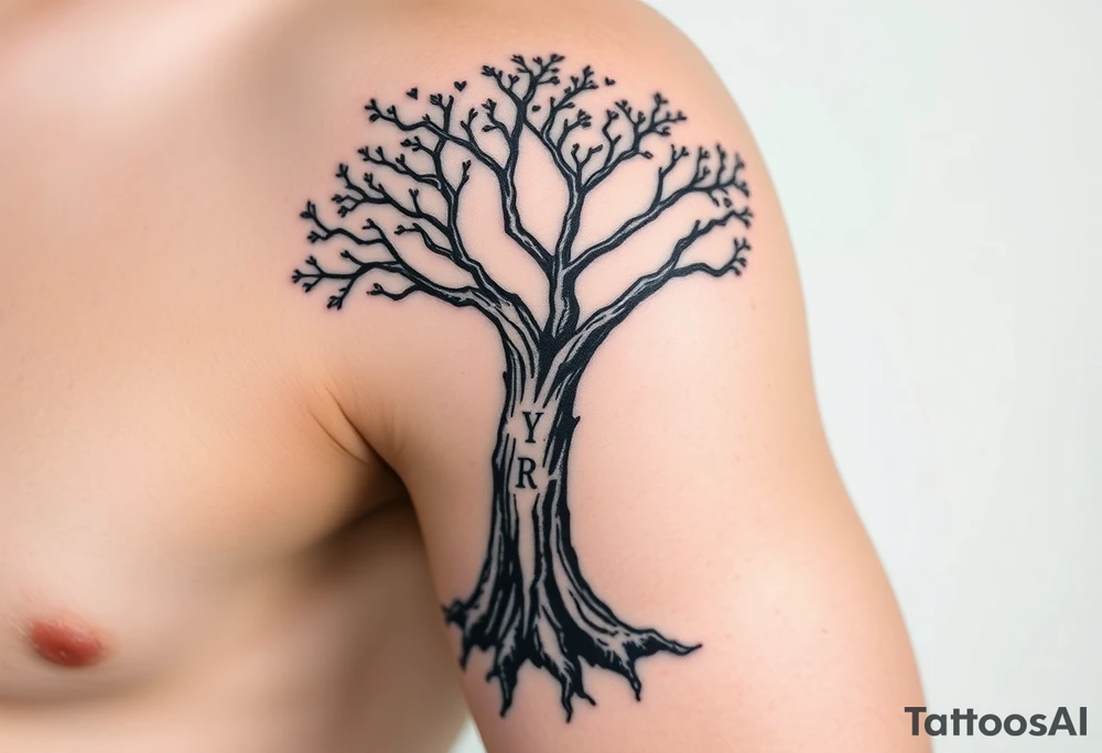 A black and gray realistic tree with engraved initials on the trunk, highlighting deep-rooted family connections tattoo idea