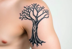 A black and gray realistic tree with engraved initials on the trunk, highlighting deep-rooted family connections tattoo idea