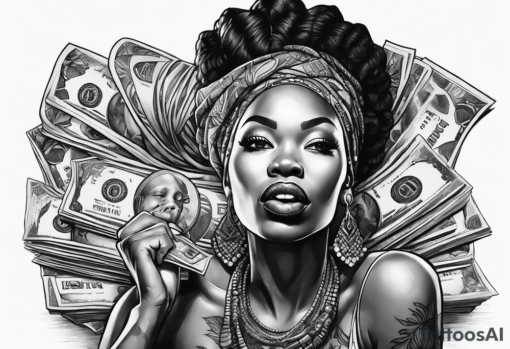 african woman biting money tattoo idea