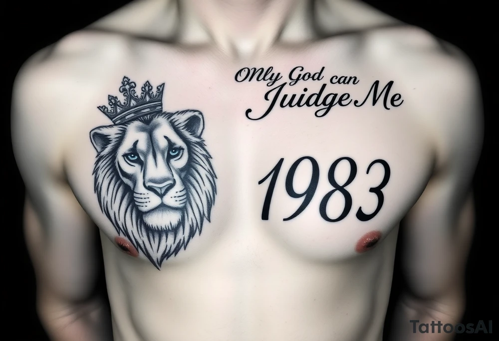Make a full chest tattoo design  put a small lion with a crown on his head on the left side and give him blue eyes and on the right side put 1983 in Roman numerals also add the quote “ Only God Can Judge Me”on the top of the tattoo but in cursive, fill the whole chest with A nice design shaded that matches the vibe tattoo idea