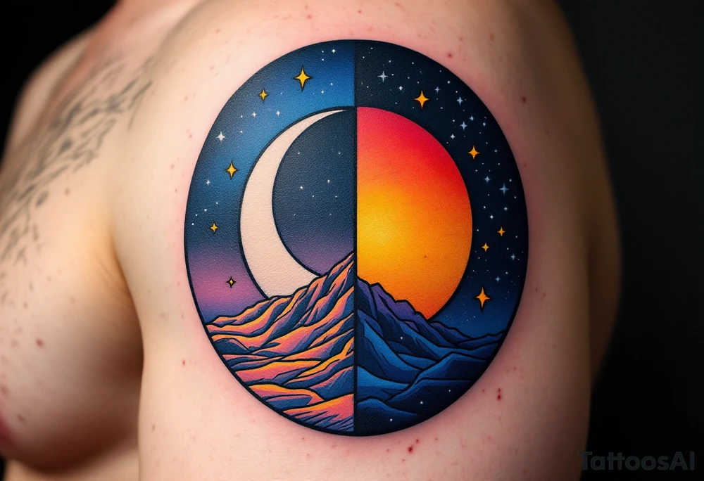 A circle divided into half night (deep navy and stars) and half day (golden sunrise hues). tattoo idea