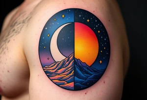 A circle divided into half night (deep navy and stars) and half day (golden sunrise hues). tattoo idea