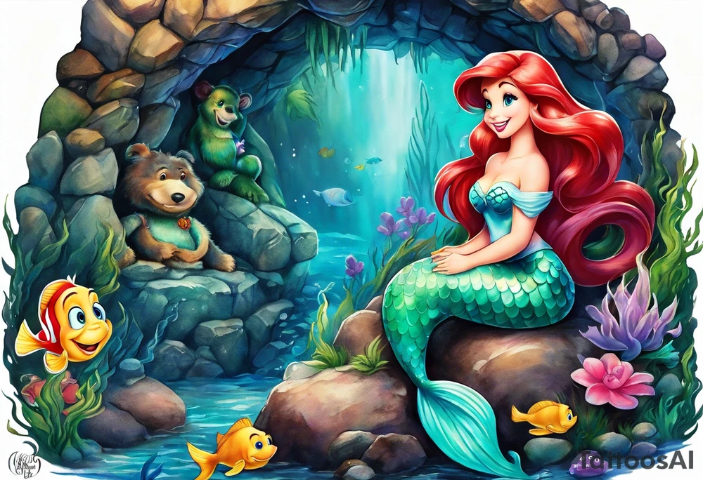 The little mermaid sitting in her grotto playing with Mike and Sulley Stuffed animals tattoo idea