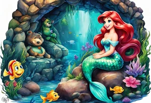 The little mermaid sitting in her grotto playing with Mike and Sulley Stuffed animals tattoo idea