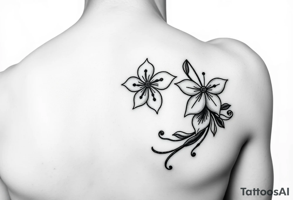 Hong kong flag, no stars inside the flower, the center of the flower is on the right elbow and wraps around the right 
arm. tattoo idea