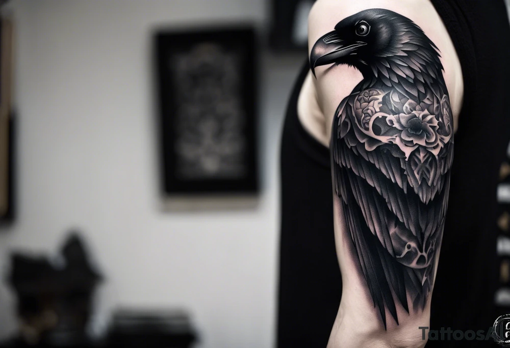 Full sleeve with a big raven standing on top of skulls , very dark tattoo idea