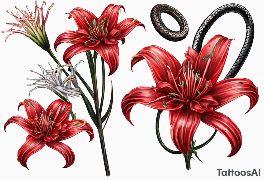 Red spiked spider lily with snake wrapped around stem for forearm tattoo idea