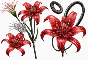 Red spiked spider lily with snake wrapped around stem for forearm tattoo idea