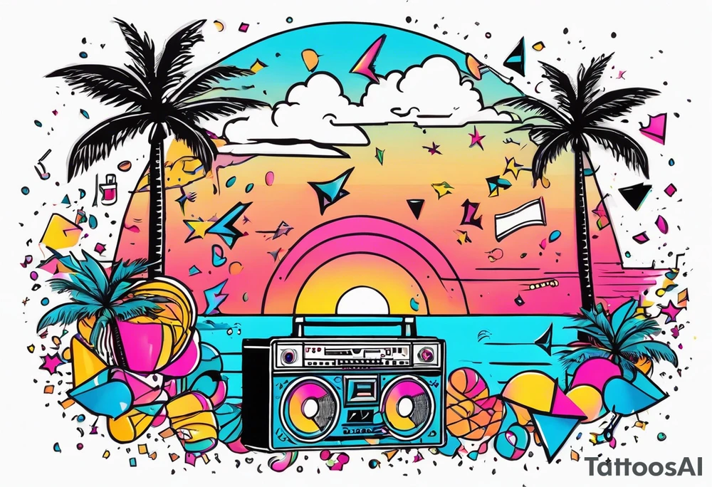 1980's miami vice style beach dance 
party, include confetti, music notes, boom box, bikinis sunset in the center tattoo idea