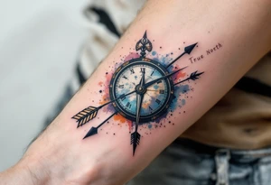 Rustic half compass half clock with and long native American arrow pointing at my wrist with the words “True North” tattoo idea