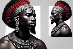 Black-skinned bald african warrior. He is a god of the war. Wears a simple red necklace and a silver crown tattoo idea