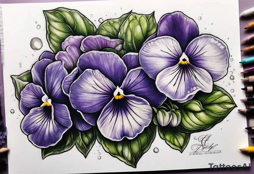 Violets in full color tattoo idea