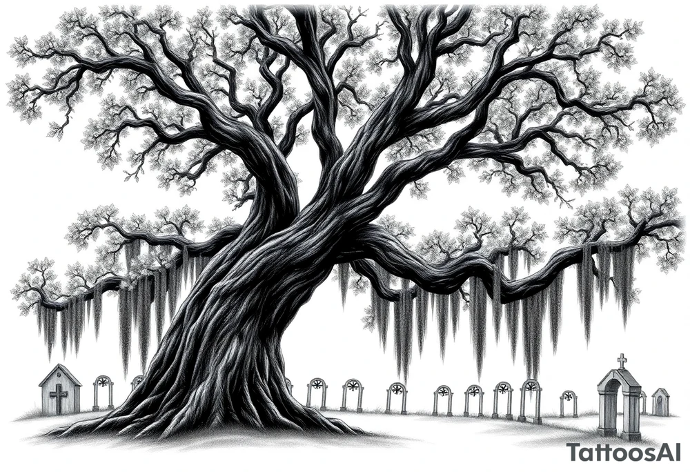 Laurel oak with Spanish moss in a cemetery tattoo idea