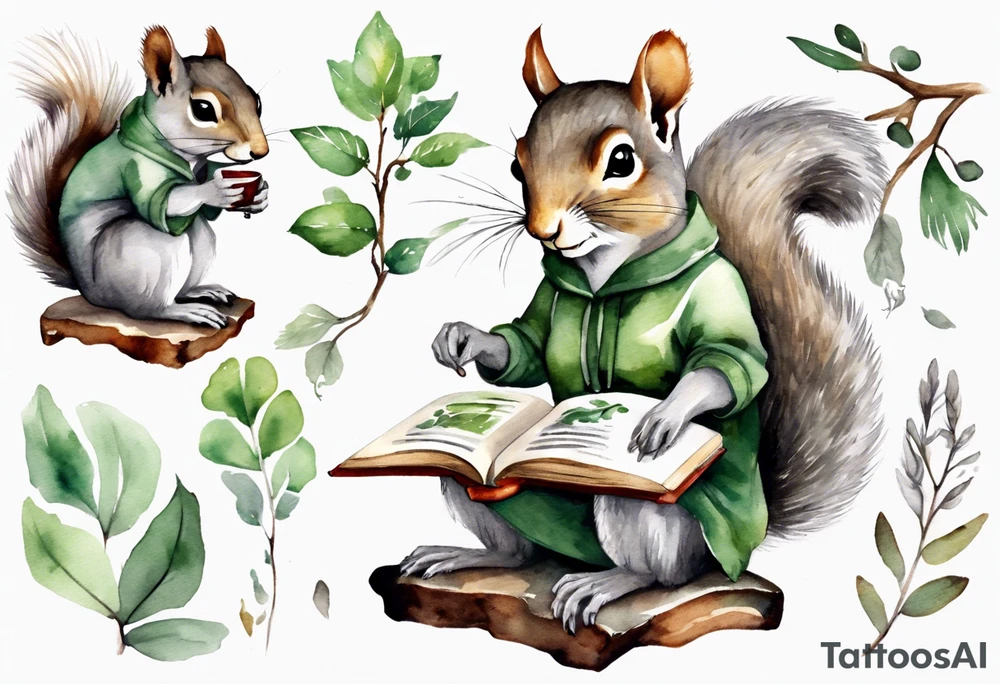 a female grey squirrel dressed in a grey and green tunic sitting on a tree branch reading an ancient tome tattoo idea