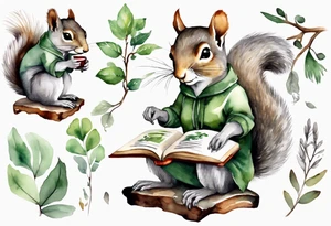 a female grey squirrel dressed in a grey and green tunic sitting on a tree branch reading an ancient tome tattoo idea
