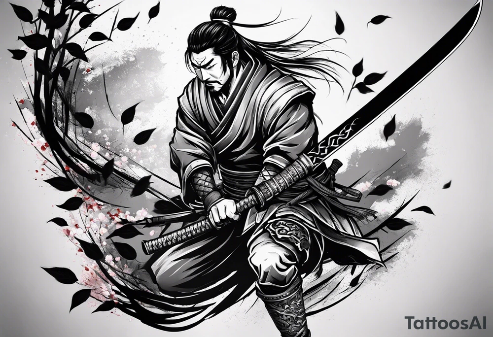 Ronin with samurai sword in blood, for a forearm
Should contains sakura leaves 
The tatoo should show i have dedication, respect and inner strength, and I try to become better everyday tattoo idea