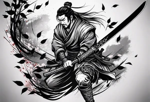 Ronin with samurai sword in blood, for a forearm
Should contains sakura leaves 
The tatoo should show i have dedication, respect and inner strength, and I try to become better everyday tattoo idea