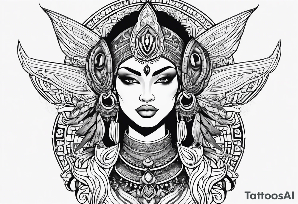 kali, alien goddess, valkrye, zenza, lotus, wing, pachamama, tattoo idea
