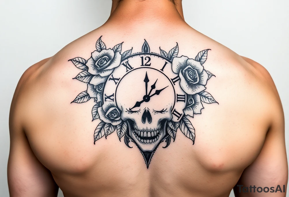 Clock face 11:43 as set time. With roses and skull tattoo idea