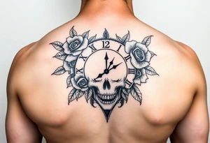 Clock face 11:43 as set time. With roses and skull tattoo idea