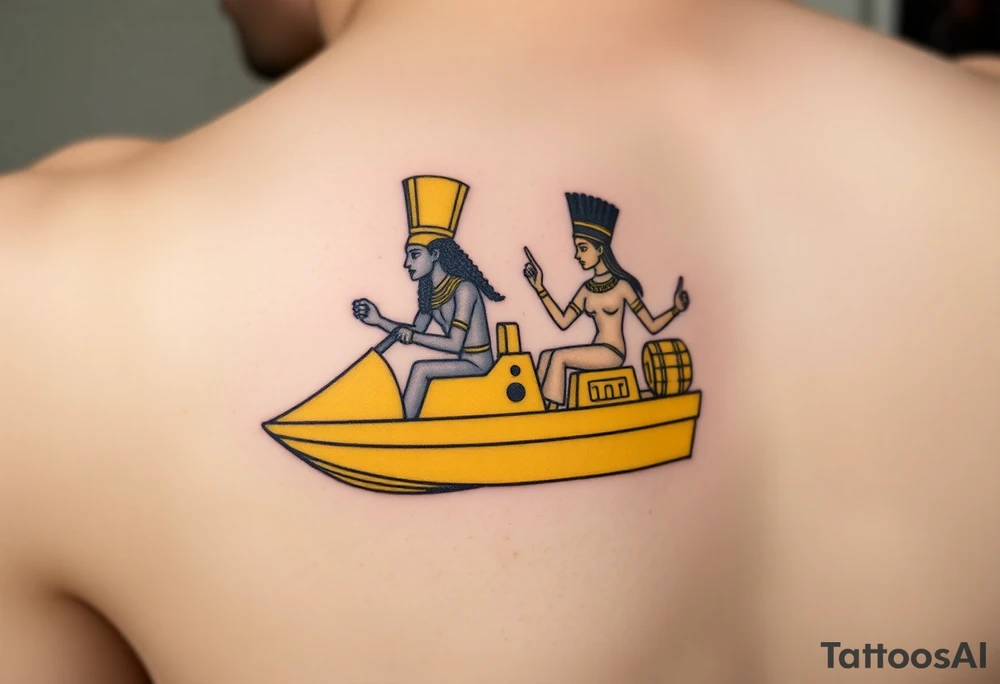 "Anubis driving a yellow Uber-styled solar barge.  
Passengers:  
- Голый Пикассо (из «Ампир V»)  
- Алиса (с табличкой 'Аид – 5★')  
Meter reads: *'SOUL: 4.8 rating (would not reincarnate)'*.  

Style: Urban hieroglyph. Black/yellow. Calf." tattoo idea